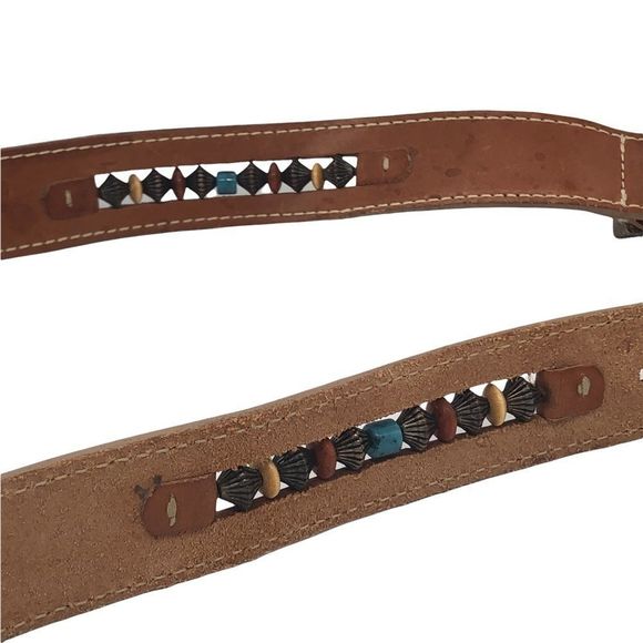 Leather Belt with Inlay Colored Beads and Silver Beads Top StationSilver Buckle